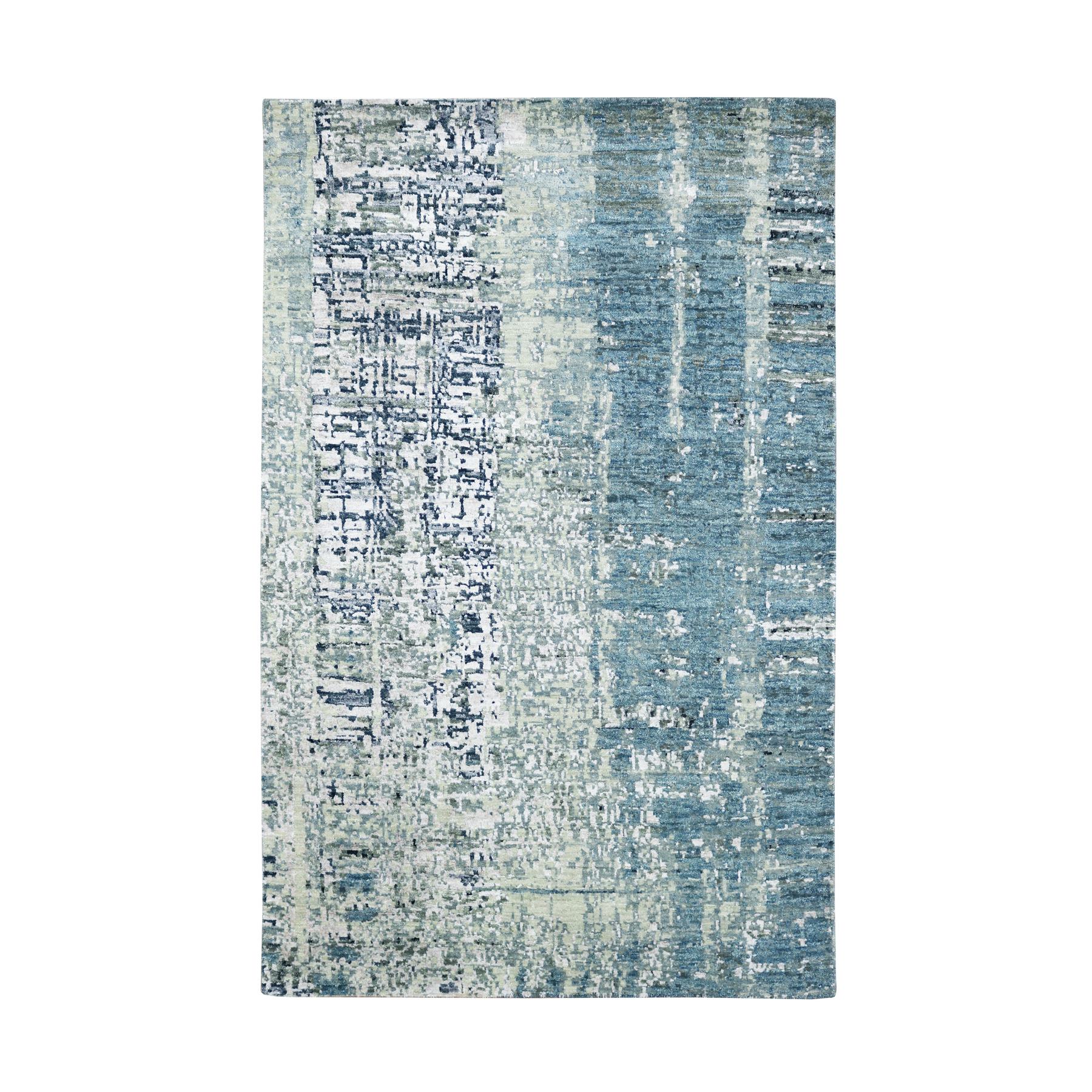 Light Blue with Beige, Persian Knot, Abstract with Galaxy Design, 100% Wool, Hand Knotted, Densely Woven, Oriental Rug